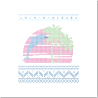 Light Blue, Pink and Light Green Pastel Palm Tree and Dolphin Ugly Christmas Sweater Design Posters and Art